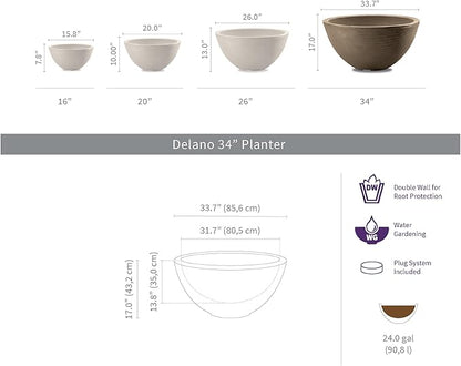 Crescent Garden Delano Bowl Planter, Large Outdoor Round Shallow Plant Pot for Water Garden, Bonsai Plant Pots, Succulents with Drain Hole - Double Walled Bowl Lotus Pot, 34" W (Mocha)