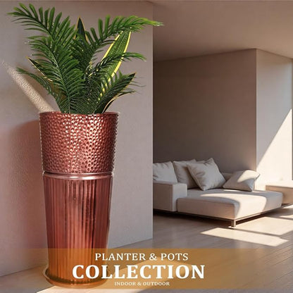 2 Pcs Pack Metal Tall Tapered Planter Pots Large Round Planter Flower Pot with Drainage Holes for Indoor Outdoor Deck Porch Garden Home Patio Front Door (Glossy Copper, Large)