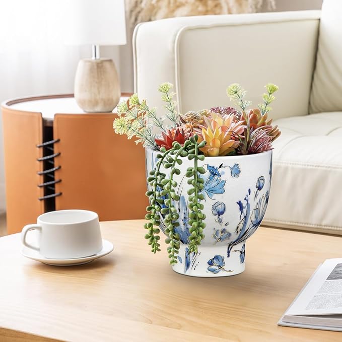 7.6/5.5 Inch Decorative Flower Pots, Blue and White Plant Pot Gold Accent Ceramic Planters for Indoor Plants Pots with Drainage Retro Planter Pot for Succulents Cactus Herb Snake Plants Outdoor Garden