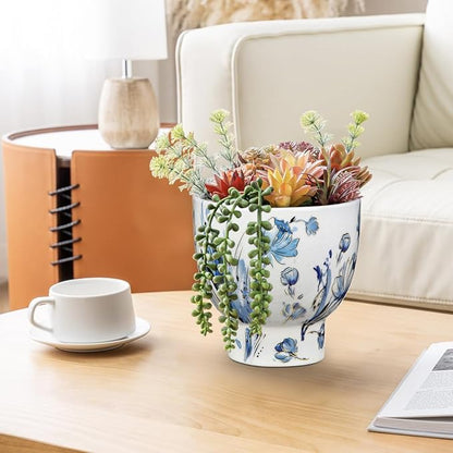 7.6/5.5 Inch Decorative Flower Pots, Blue and White Plant Pot Gold Accent Ceramic Planters for Indoor Plants Pots with Drainage Retro Planter Pot for Succulents Cactus Herb Snake Plants Outdoor Garden