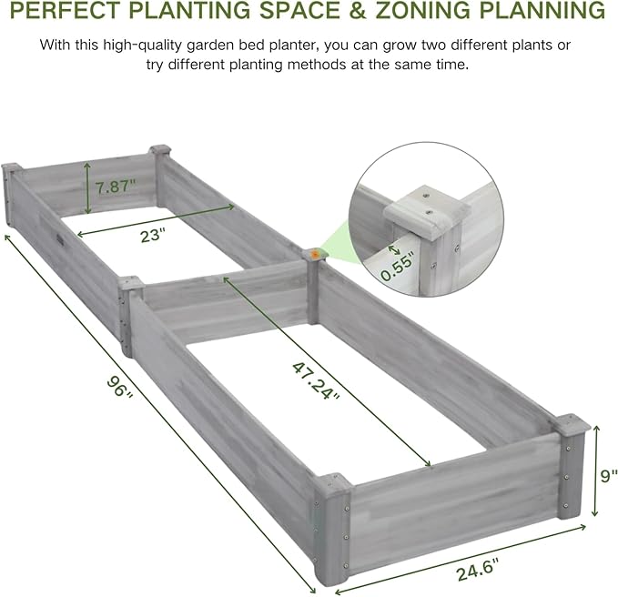 8x2ft Outdoor Wooden Raised Garden Bed,Elevated Planting Planter Box for Vegetables/Garden/Lawn/Patio,Gray, 96 x 24 x 9in
