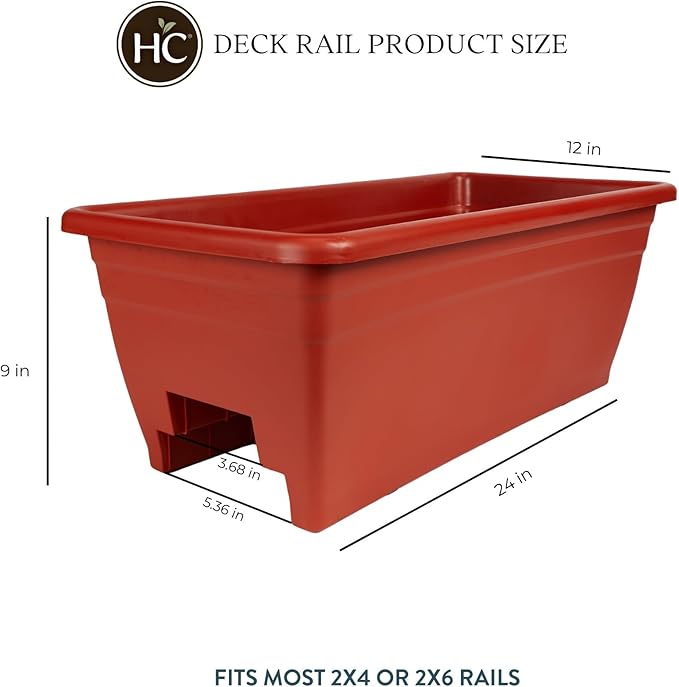 The HC Companies 24 Inch Deck Rail Planter Box with Drainage Plug, Lightweight UV-Resistant Plastic Outdoor Planters for Wood Deck Rail, Flower Box for Garden, Patio, Balcony, and Fence, Clay