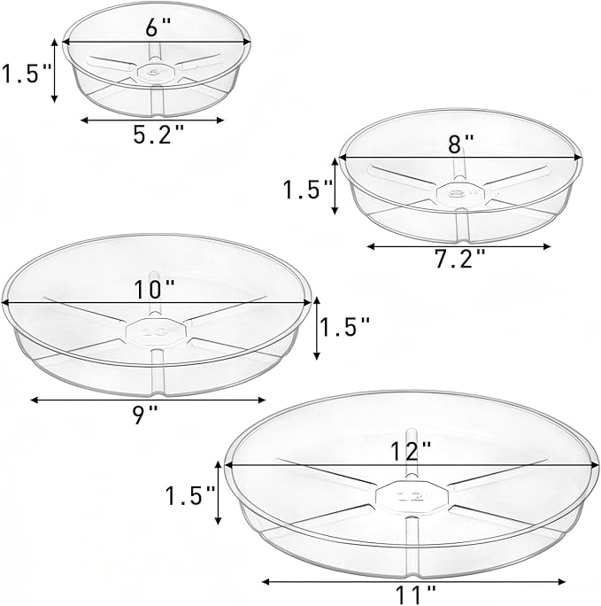 Hacaroa 24 Pack Clear Plant Saucer Drip Trays, 6/8/10/12 Inch Plastic Plant Water Catcher Trays Flower Pot Saucers for Indoor Outdoor Plants, Round, 4 Sizes
