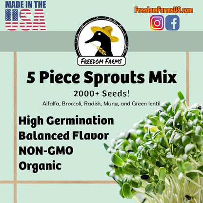 1/2 lb Salad Style Bean Sprout Starter Seeds - 23 Servings per Bag! - Non-GMO Organic - Sprouting Mix - Includes Alfalfa, Broccoli, Radish, Mung, and Green Lentil