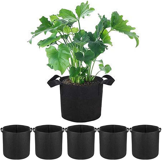 Garden Plant Bags / 6-Pack 5 Gallon Plant Grow Bags - Heavy Duty Thickened Non-Woven Aeration Fabric Pots with Strap Handles(Black) (5 Gallon)