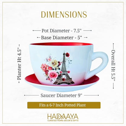 7.5" Ceramic Teacup Planter Pot with Saucer | Ideal for Succulents, Orchids, Herbs & Flowers | Indoor & Outdoor Use for Valentines Day Gift - RED - Paris Eiffel Tower