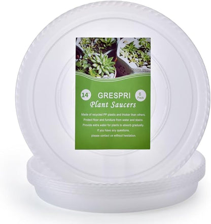 Clear Plant Saucers 14 Inches for Indoors and Outdoors, 6 Packs Heavy Duty Plastic Plant Trays with 12.5 Inches Bottom Diameter, 5 Gallon Grow Bag Saucer.