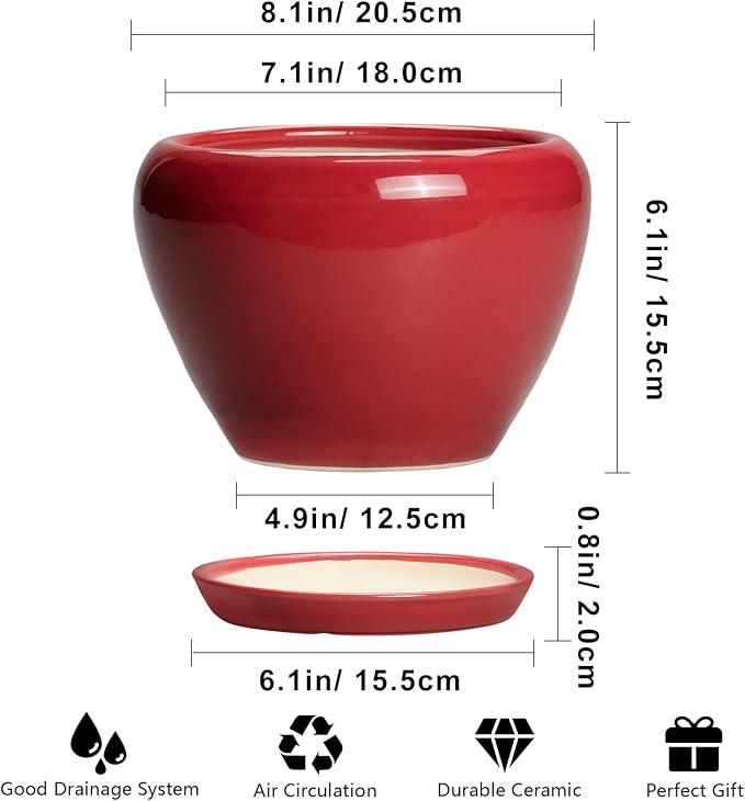 Ceramic Planter for Indoor Plants 8 Inch - Ceramic Plant Pot with Drainage Hole and Saucer, Glaze Round Decorative Modern Flower Pot, Housewarming Gift, Home Room Office Decor, Red