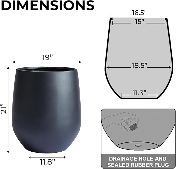 21" H x 19" D Corso Fiberstone Round Tapered Planter with Drainage Hole, Smooth Finishes, Weather Resistant for Indoor and Outdoor Use, Included 2 Extra Coco Mats (Black, 15" Pot Opening)