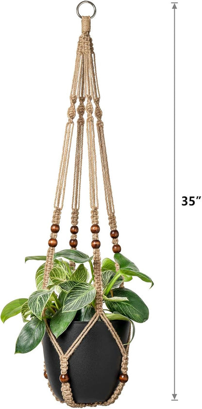 Mkono Set of 2 Macrame Plant Hanger 35 Inch and 43 Inch Indoor Jute Hanging Planter Basket with Wood Beads Decorative Flower Pot Holder No Tassels, Brown (POTS NOT Included)