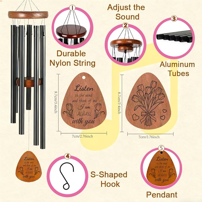 Memorial Wind Chimes for Outside, Wind Chimes for Loss of Loved one, Bereavement Gifts for Loss of Mom/Dad, Unique Sympathye Memorial Gift, Windchimes Outdoors for Home Garden Decor