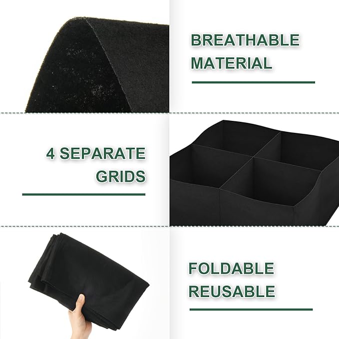 Cosmos Plant Grow Bag 4 Grids Raised Garden Beds Breathable Fabric Planters Vegetable Grow Beds Plant Growing Container Bag for Garden Lawn Outdoor Plant Growing, Black