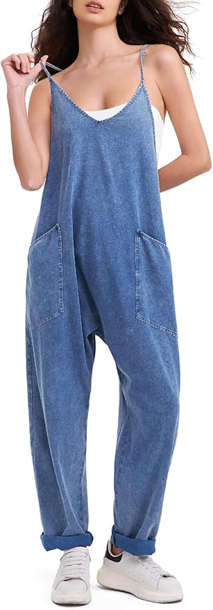 EXLURA Womens Casual Summer Jumpsuits 2026 Romper Bib Outfits Beach Vacation Denim Trendy Fashion Overalls with Pockets