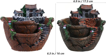 OUNONA Fairy Garden Planter Creative Flower Pot Holders with Hanging Garden Design Micro Landscape Succulent Plants for Indoor and Outdoor Plant Decor 3-Pot Planter with Sweet House for Desk Balcony