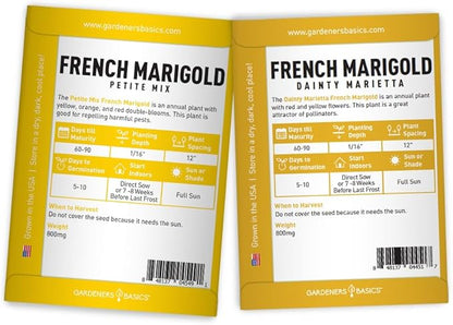 Gardeners Basics, Marigold Seeds for Planting Outdoors (4 Variety Pack) French Marigold Petite Mix, Dainty Marietta, Sparky, and African Marigold Seeds Crackerjack for Pollinators Wildflower Seed
