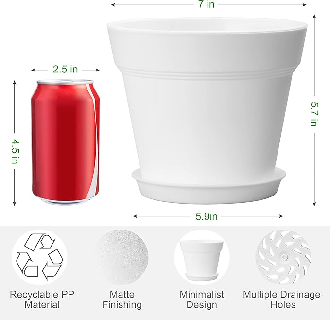 6 Pack Plastic Plant Pots with Drainage Holes and Tray, 7 inch Thickened Indoor Planters Seedlings Nursery Pots for Flowers, African Violet, Succulent and All House Plants, White
