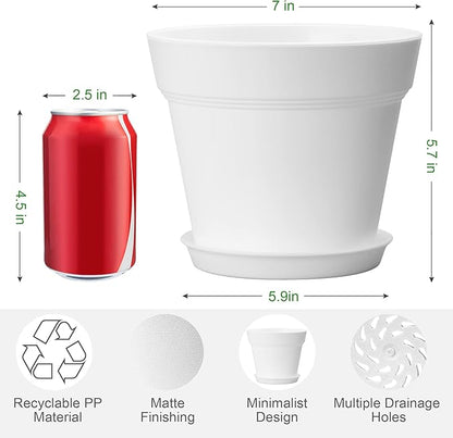 6 Pack Plastic Plant Pots with Drainage Holes and Tray, 7 inch Thickened Indoor Planters Seedlings Nursery Pots for Flowers, African Violet, Succulent and All House Plants, White