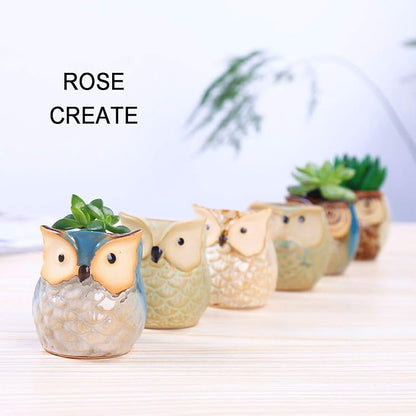 6 Pcs 2.5 Inches Owl Pots, Little Ceramic Succulent Bonsai Pots with a Hole - Pack of 6