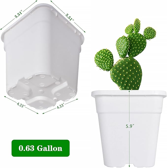 Square Planter Nursery Pots 0.63 Gallon Pots for Plants, Injection Molded Plastic Nursery Pots, Plant Container White 0.63 Gal 10-Pack