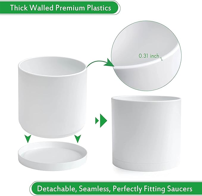 D'vine Dev 2 Pack 10 Inch Modern Plastic Plant Pots, Cylindrical Garden Planters for Plants with Drainage Holes and Saucers, White, 74-Z-N-1