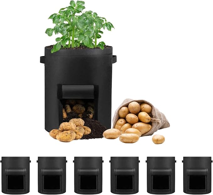 LITLANDSTAR 6 Pack 15 Gallon Potato Grow Bags, Heavy Duty Nonwoven Fabric Garden Planting Bag Plant Container with Flap and Handles, Aeration Fabric Pots for Growing Vegetable, Fruits and Flowers