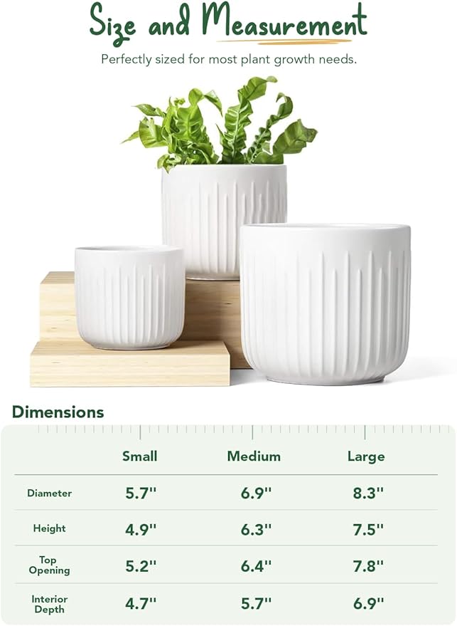 LE TAUCI Fluted Ceramic Planters, 8.3/7/6 Inch Indoor Pots for Plants with Drainage Holes & Mesh, Modern Matte Glaze Cylinder Plant Pot for Snake Plant, Set of 3, White