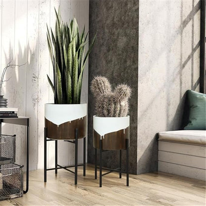 LuxenHome Modern Planter Pots, Set of 2 Planters for Indoor Plants, White and Brown Large Planters with Black Metal Stand, Flower Pots for Living Room, Office, Garden or Balcony, 10.25 & 12.5 Inch