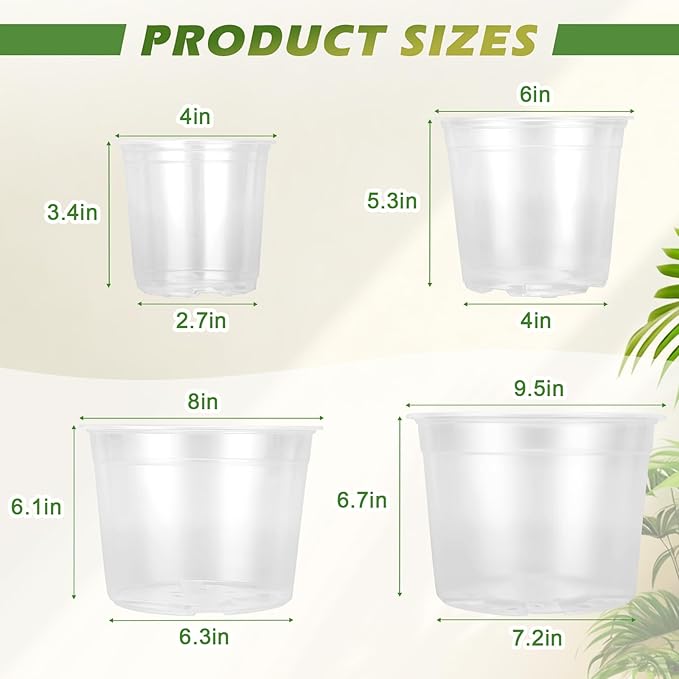 4/6/8/10 Inch Large Size Clear Nursery Pots for Plants, 16 Pack Plastic Plant Pots with Drainage Holes, Durable Seedling Starter Pot for Succulents Flowers Herb Vegetables