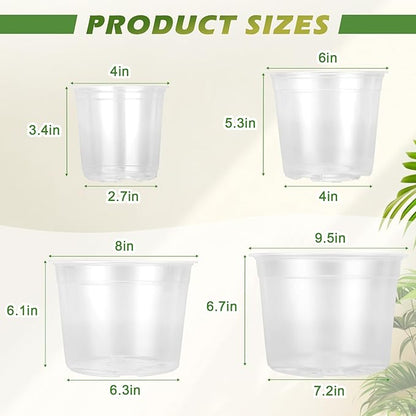 4/6/8/10 Inch Large Size Clear Nursery Pots for Plants, 16 Pack Plastic Plant Pots with Drainage Holes, Durable Seedling Starter Pot for Succulents Flowers Herb Vegetables