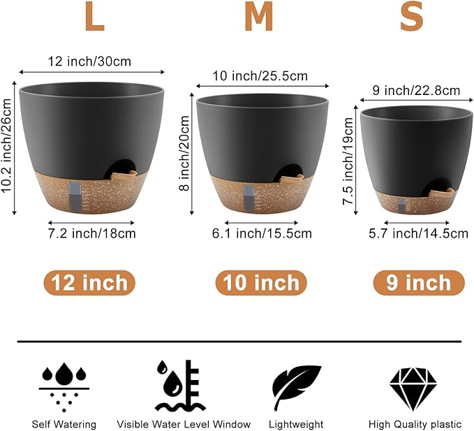 Self-Watering Plant Pots with Water Level Indicator, Drainage Holes & Saucers – 12/10/9 Inch Large Plastic Planter Set for Indoor & Outdoor Plants(Black)