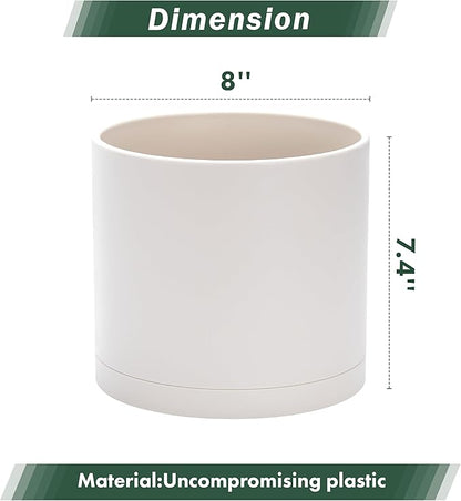D'vine Dev 8 Inch Plastic Planter Pots for Plant Pot with Drainage Hole and Seamless Saucers, Oatmeal, 74-X-H-1