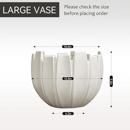 Large Round Planter with Drainage Hole, 9.5''H × 12.6''D Sphere Indoor Plant Pot, Modern Flower Pot for Outdoor Garden Patio Home, Wavy Rim Design, White