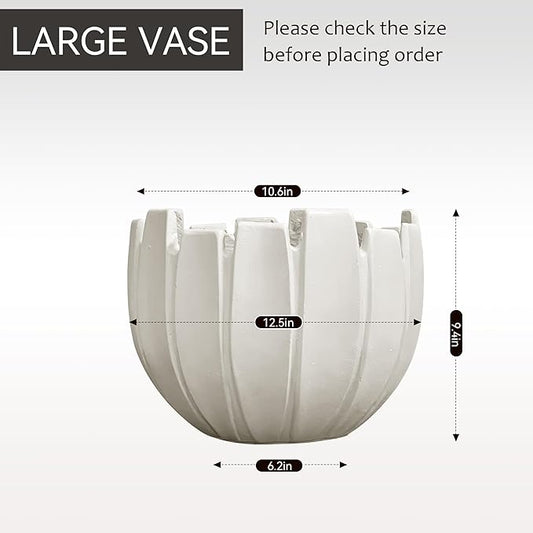Large Round Planter with Drainage Hole, 9.5''H × 12.6''D Sphere Indoor Plant Pot, Modern Flower Pot for Outdoor Garden Patio Home, Wavy Rim Design, White