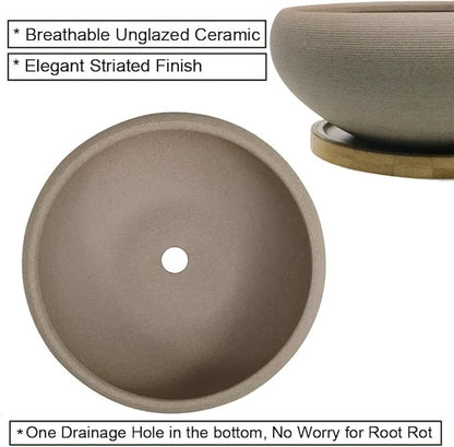 MUZHI Round Unglazed Ceramic Bonsai Pot with Bamboo Tray, Large Rough Pottery Succulent Planter with Drainage Hole 8 inch … (8”)