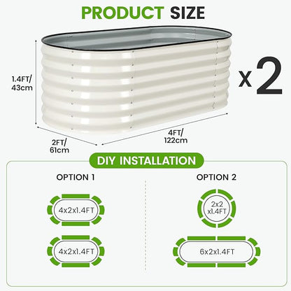 Galvanized Raised Garden Bed Outdoor |17'' Tall Planter Box Outdoor for Deep Root Plants | 2Pcs Raised Bed Kit for Gardening with Rubber Strip for Vegetables Flowers Fruits (White, 4x2x1.4FT)