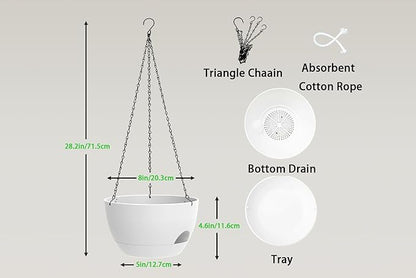 Hanging Planters 3-Pack, 8 Inch Self-Watering Hanging Pots with Drainage Hole and Chains, Plastic Planters for Indoor Outdoor（White）