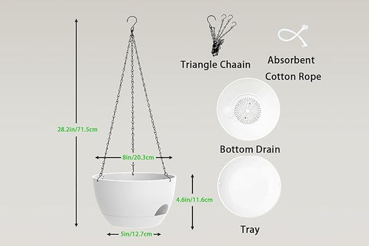 Hanging Planters 3-Pack, 8 Inch Self-Watering Hanging Pots with Drainage Hole and Chains, Plastic Planters for Indoor Outdoor（White）