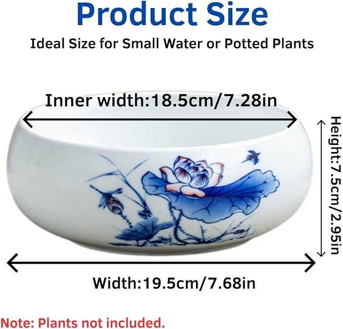 Lotus Bowl Planter, Ceramic Water Lily Bowl, Hydroponic Bonsai Lotus Bowls for Water Plants Indoor, Succulent Pots, Leak-Proof Design (7.68in*2.95in)