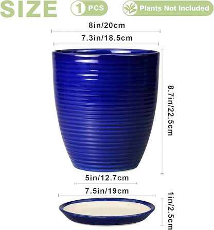 Round Ceramic Planter - Modern 8 Inch Plant Pot with Drainage Hole and Tray for Flower Indoor Outdoor Garden Decor Blue