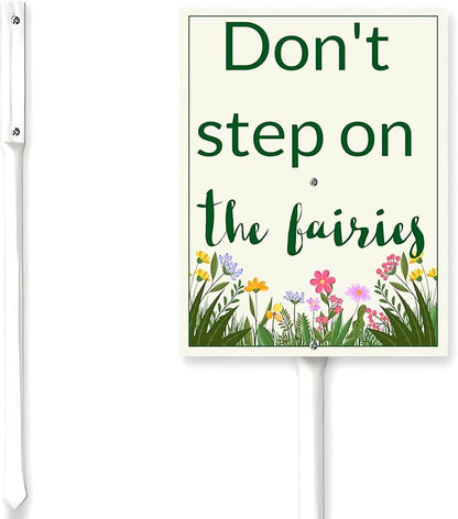 Garden Sign With Stake Don't Step On The Fairies Aluminium Sign 6x4.6inch Modern White Rectangular Fairy Garden Decorative Sign