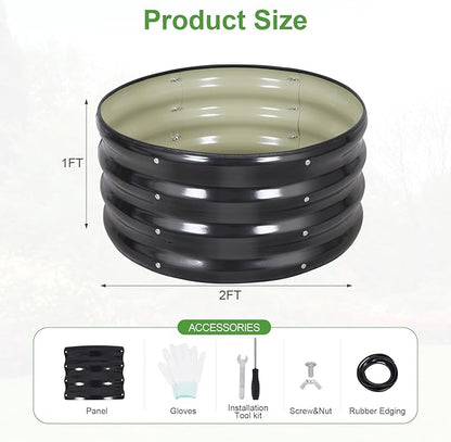 Galvanized Raised Garden Bed- 2Pcs Metal Planter Boxes Outdoor | 12" Tall 24" Round Steel Raised Bed Kit & Fire Pit Ring for Gardening with Protective Tape for Vegetables, Flower (Grey)