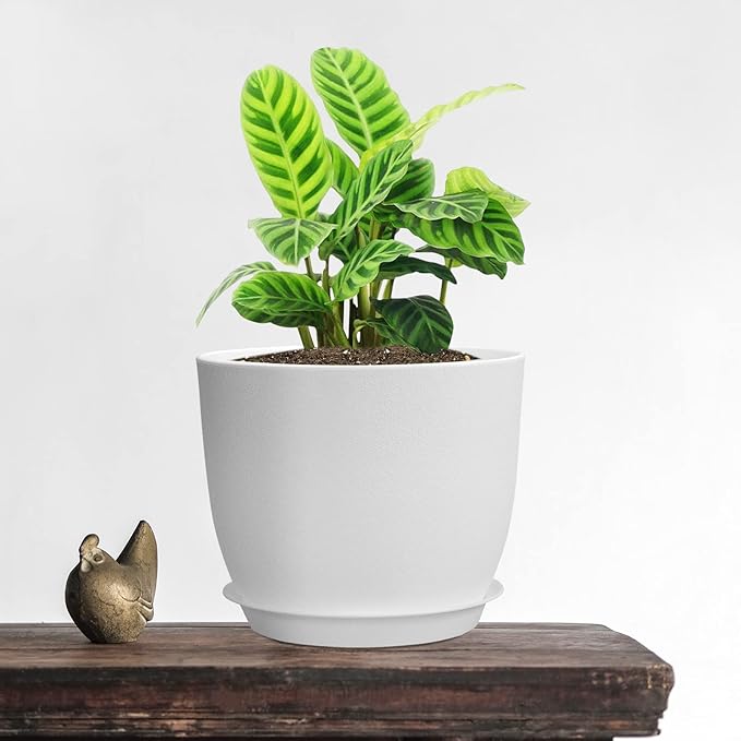 12/10/9 Large Plant Pots, Plastic Planters with Drainage Holes and Saucers for Indoor Outdoor Plants Flowers, White
