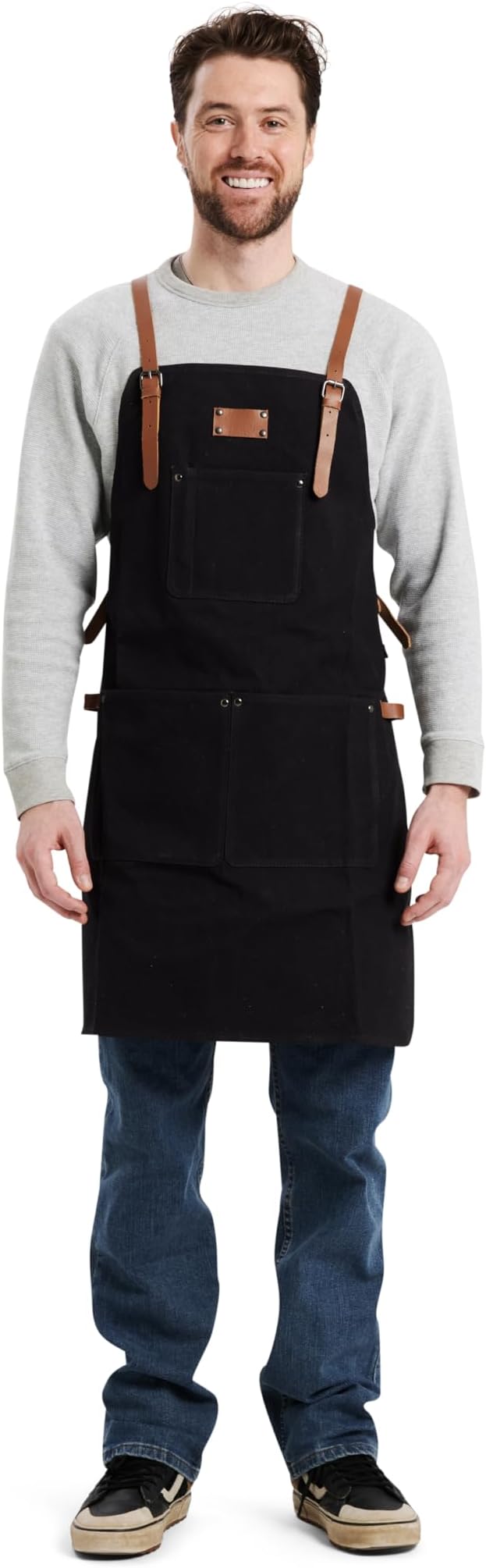 Theodore Waxed Canvas Work Apron - Cross Back with Leather Straps, 14oz Heavy Duty Canvas, Multi-Pocket Utility