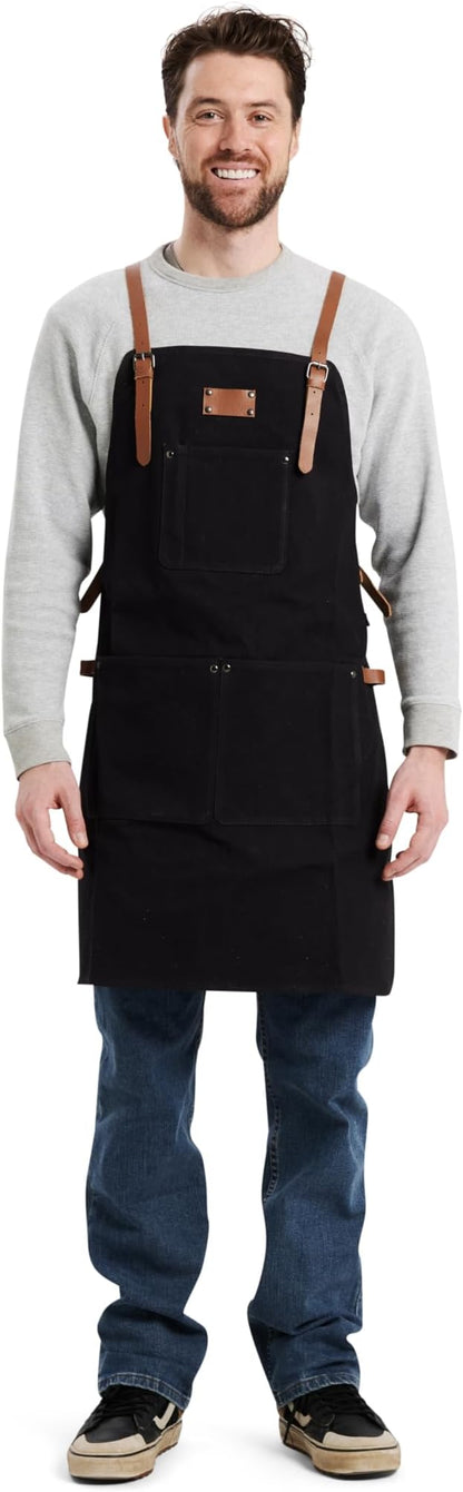 Theodore Waxed Canvas Work Apron - Cross Back with Leather Straps, 14oz Heavy Duty Canvas, Multi-Pocket Utility