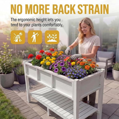 DWVO 48x18x30in Raised Garden Bed HDPE, Poly Wood Planter Box Stand,Weather-Resistant Planter Box with Legs & Storage Shelf, Elevated Garden Bed for Backyard, Patio, Balcony, White