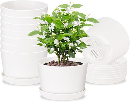 4.7 Inch Plastic Plant Pots, Round Classic Planters with Drainage Holes and Saucers for Indoor Outdoor Plants, Perfect for African Violet, Snake Plant, Succulents (White 8 Pack)
