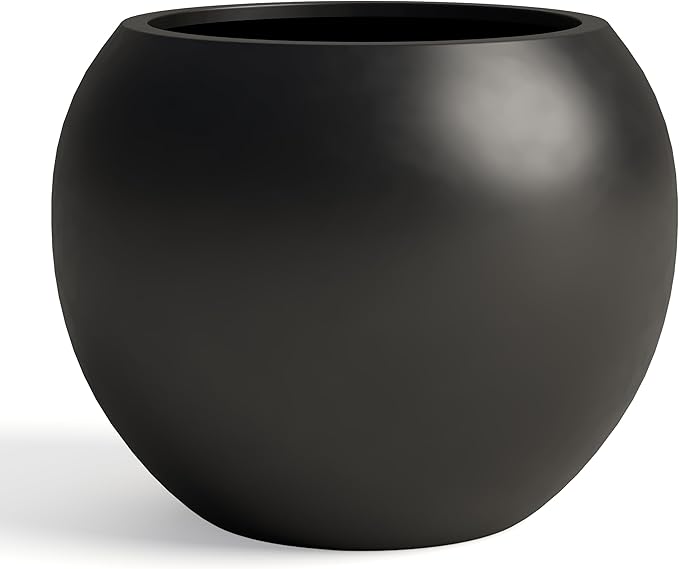 DTY Mount Sherman 16.1'' D x 13.6'' H (Pot Opening 11.8") Fiberstone Round Planter with Drainage Hole, Smooth Finishes, Weather Resistant for Indoor and Outdoor, 2 Extra Coco Mats - Black, Medium