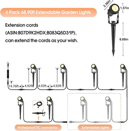 Low Voltage Landscape Lights 6 Pack, 69ft Cable Spotlight Outdoor with 12V Transformer, IP65 Waterproof Plug in Spot Lights 2700K Warm White for Yard, Plant, Lawn, Tree, Flags, Garden