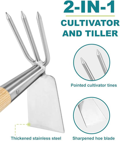 Hoe and Cultivator Garden Rake Hand Tiller Tool Wood Handle Double Sided Cultivator Versatile Tool for Digging,Loosening Soil,Weeding,Breaking Up Soil,Cultivating,Preparing Seedbeds Combination Garden