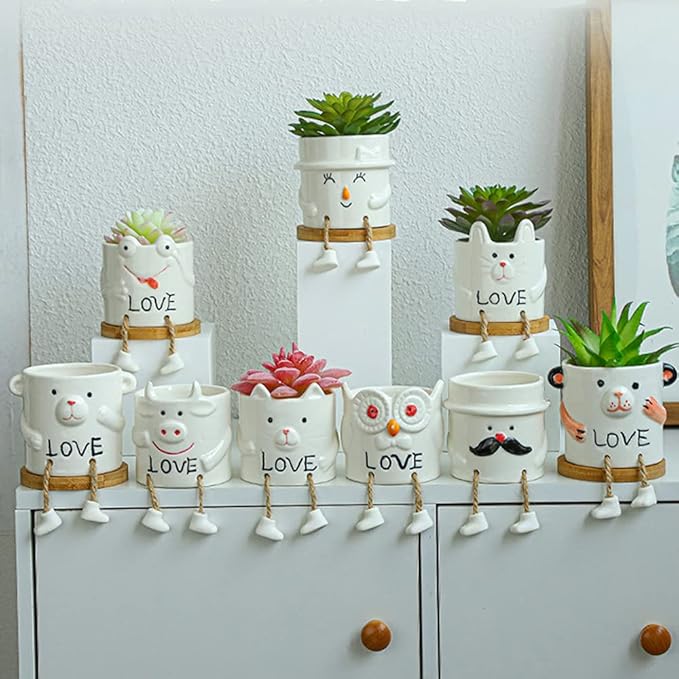 DIYOMR Smooth Glazed Ceramic Planter with Hanging Leg, Cute Cartoon Flower Plant Pots Drainage Hole Small Succulent Pots for Mini Flower Planters Cactus, Plants Not Include (Little Tiger)